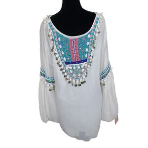 Boho White Embroidered Beaded Fairy Whimsy Fairycore Hippie Peasant Blouse L